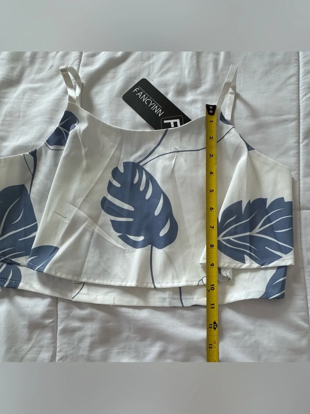 Fancyinn White Two-Piece - Straight Leg Pants Set with Blue Leaf Print